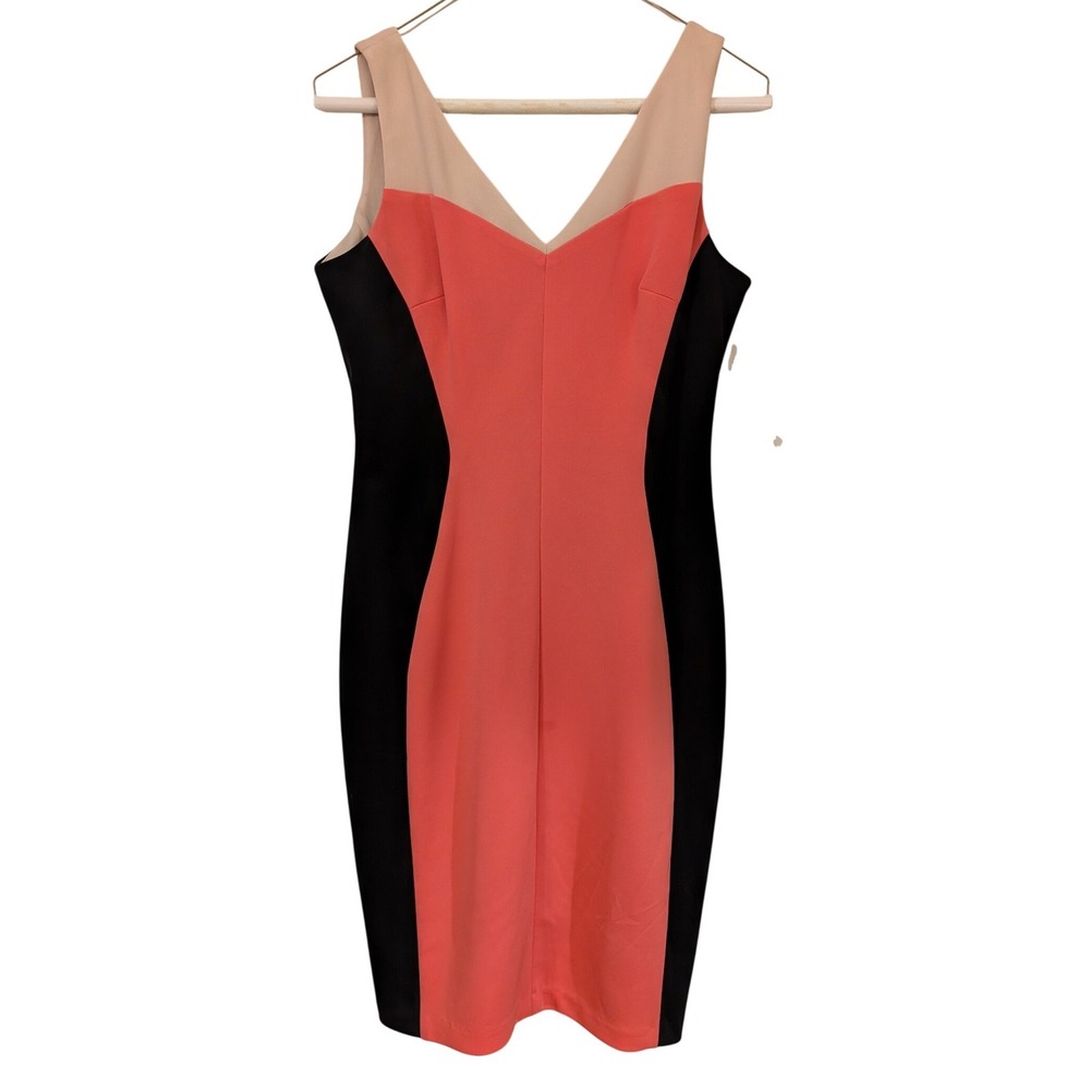 Maggy London Womens Colorblock V-Neck Sheath Dress Honey Combo Coral Black 6